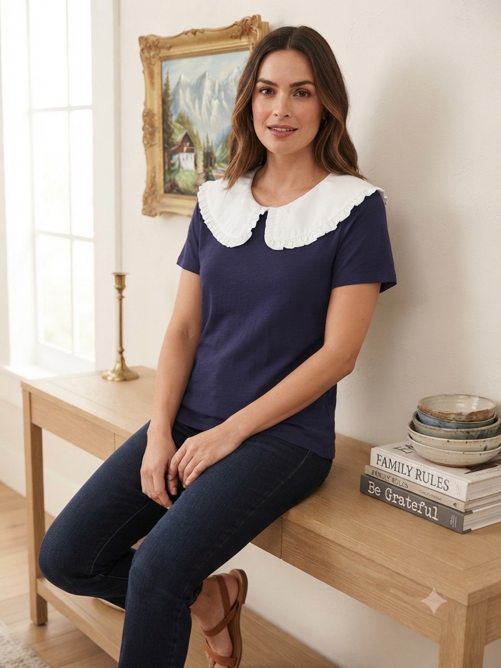 Riley & Rae Navy Blue Ruffled Peter Pan Collar Top Size Large 90.00